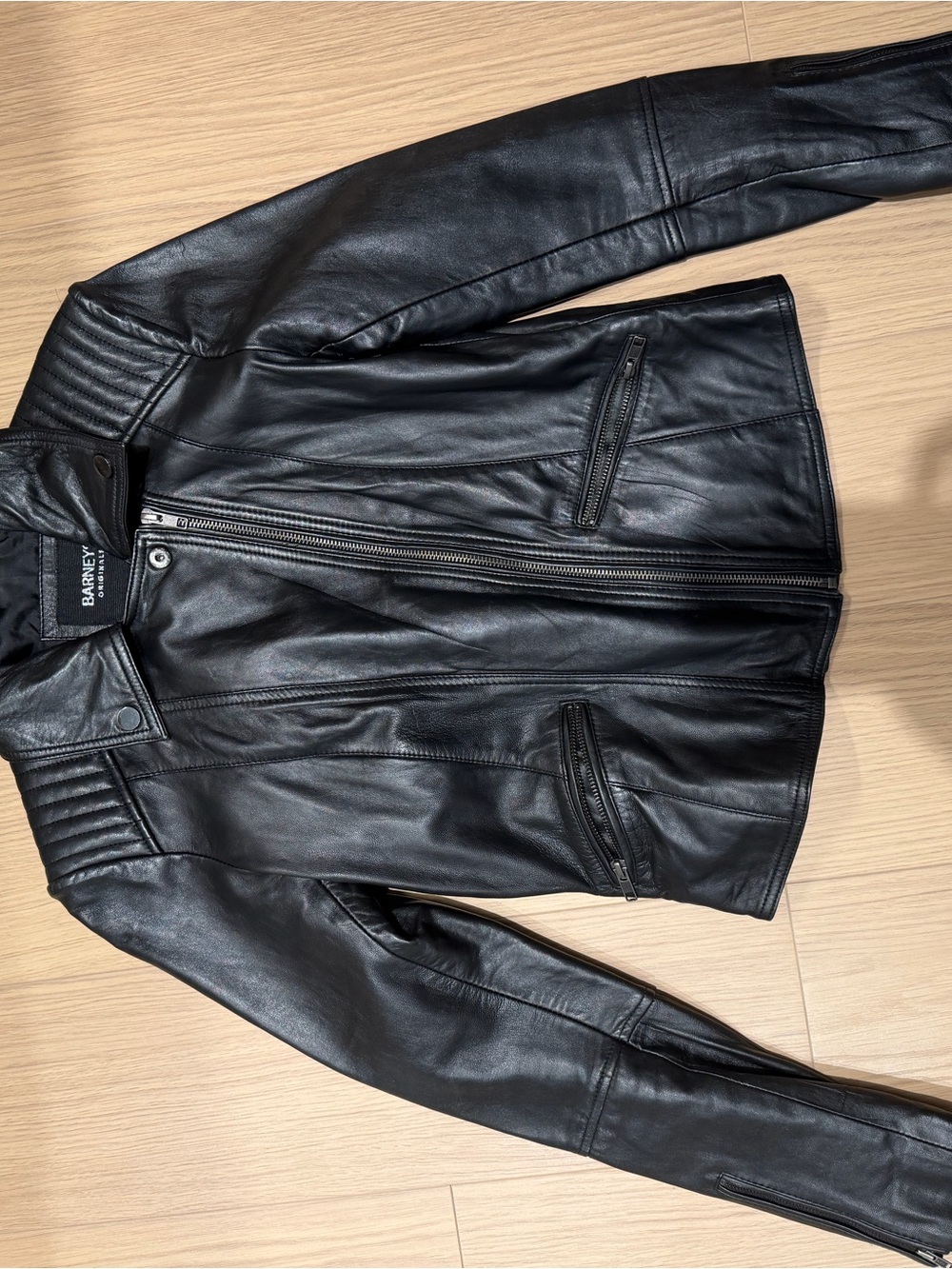 Barneys New York Black Leather Moto Bomber Jacket